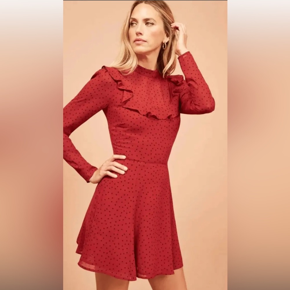 REFORMATION | Spark Dress | Long Sleeve Mini Black Red Polkadot | Size 0